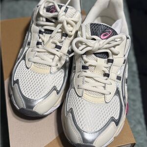 ASICS Women's Cream and Silver Sneakers with Pink Accents